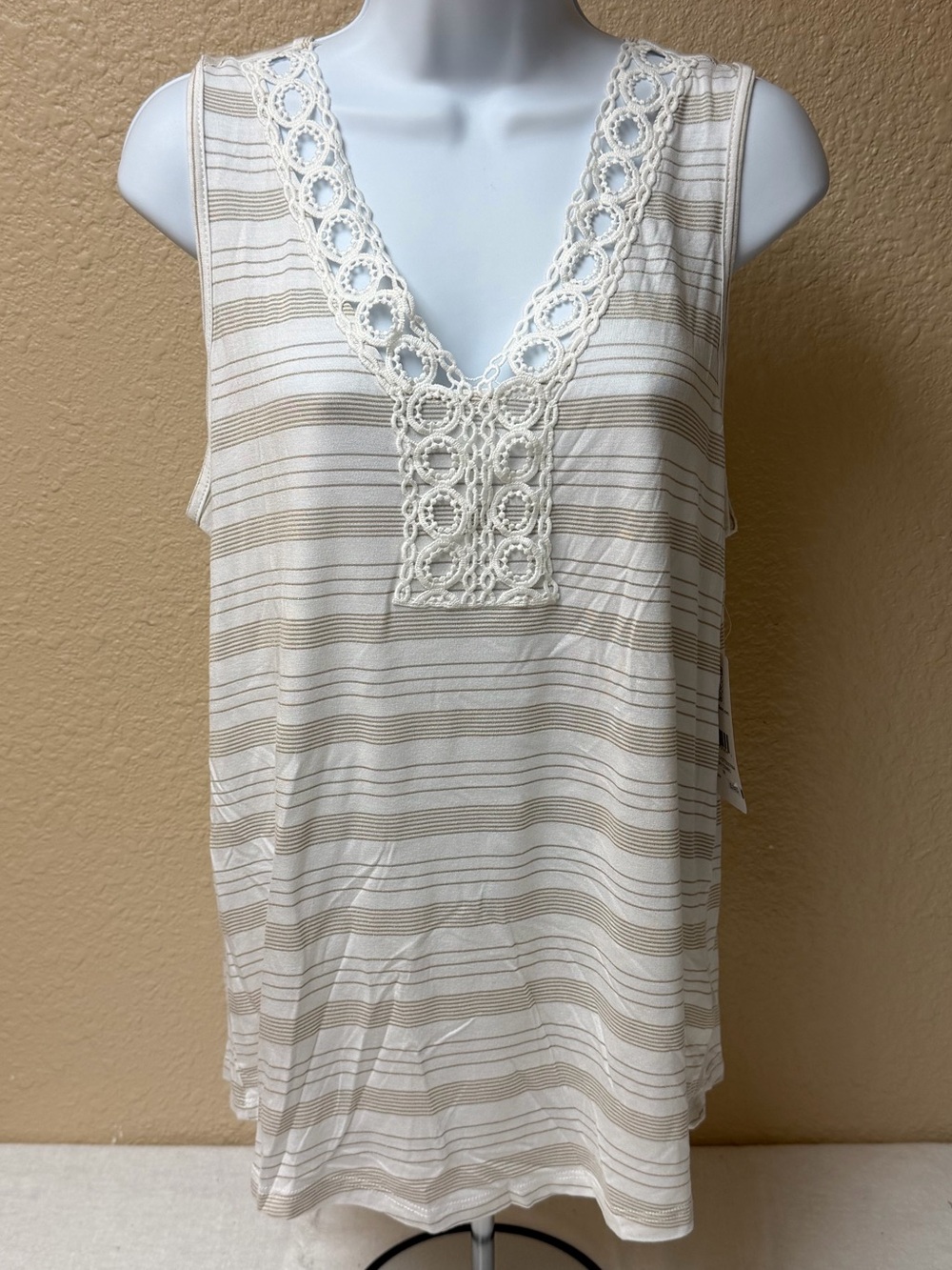 4/$20 89th & Madison Cream and Tan Striped Crochet V-Neck Tank